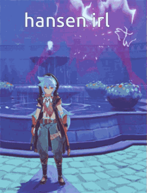 a video game character is standing in front of a fountain with the words " hansen irl " on the bottom