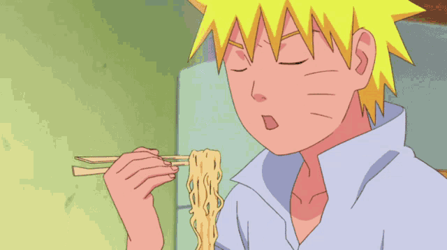 a cartoon character with yellow hair is eating noodles with chopsticks