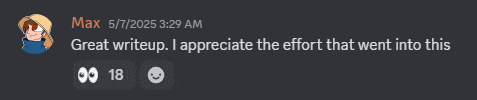a screenshot of a conversation between max and someone named great writeup