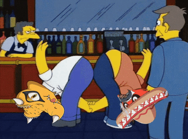 a cartoon of a man holding a hot dog in front of a bartender