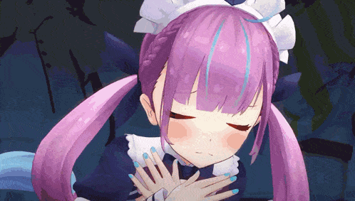 a girl with purple hair is wearing a maid outfit with her eyes closed