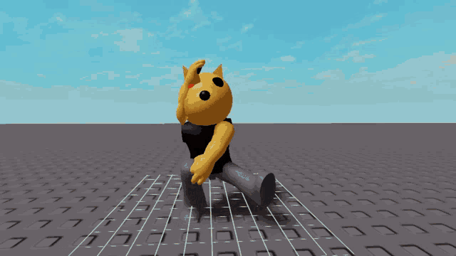 a yellow cartoon character is sitting on a gray tiled floor