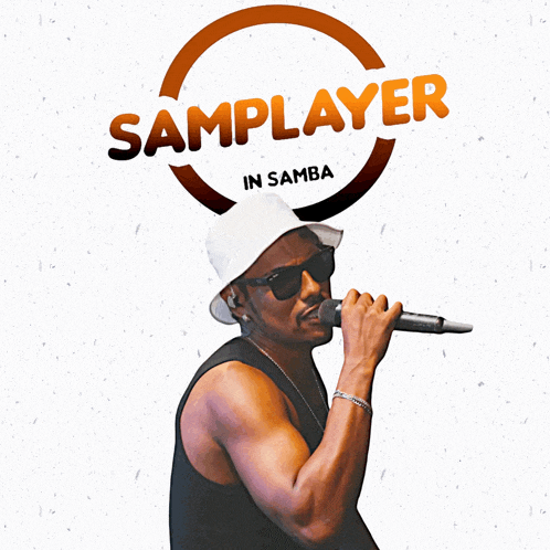 a man is singing into a microphone with the words samplayer in samba above him