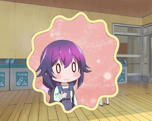 a girl with purple hair is standing in front of a recycling bin that says pet bottle