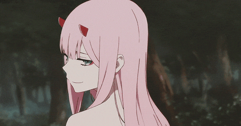 a pink haired anime girl with red horns