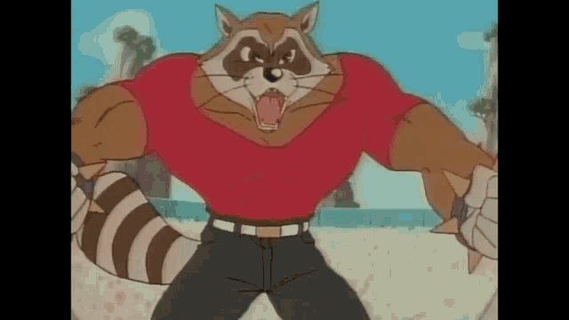 a cartoon raccoon is wearing a red shirt and jeans