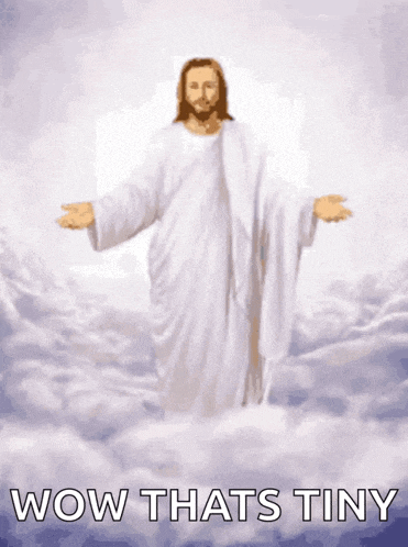a painting of jesus in the clouds with the words wow thats tiny below him