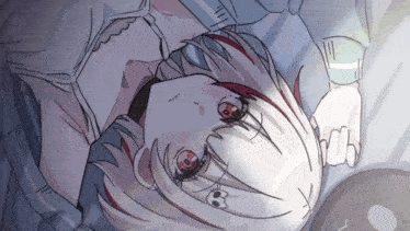 a drawing of a girl with red eyes laying on her back