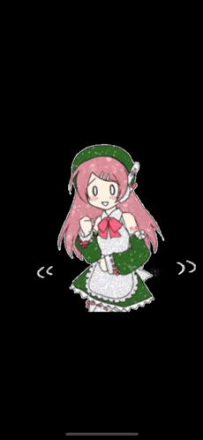 a cartoon girl with pink hair is wearing a green dress and a green hat .