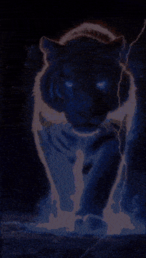a painting of a tiger with blue eyes walking