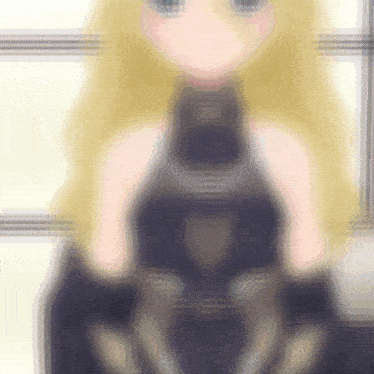 a blurry picture of a girl with blonde hair wearing a black dress