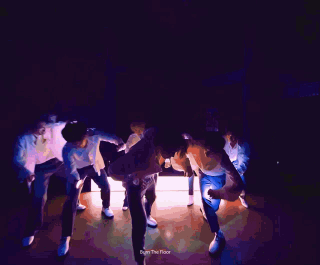 a group of people are dancing in a dark room and the words burn the floor are visible