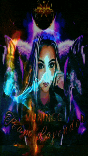 a painting of a woman surrounded by wolves with the words muningg team lavender on the bottom