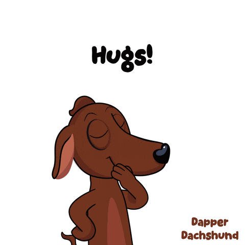 a cartoon of a dachshund saying hugs with a pink heart