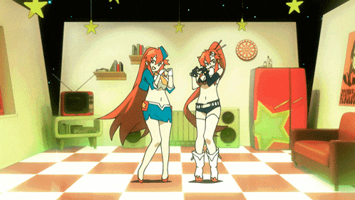 two anime girls are dancing in a room with a dart board on the wall and a poster that says rogue records