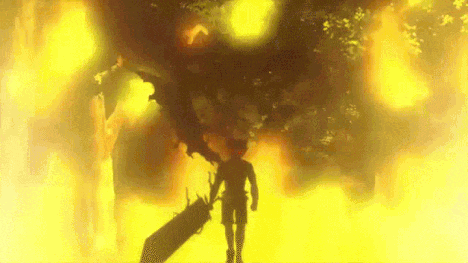 a silhouette of a man standing in front of a fire with a sword .