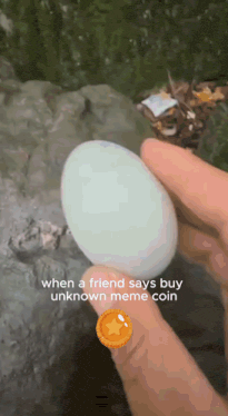a person is holding an egg with the words when a friend says buy unknown meme coin on the bottom