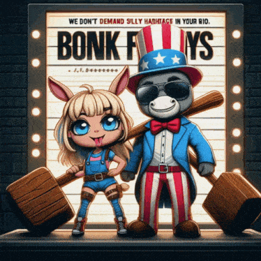 a poster for bonk funny shows a donkey and a girl holding hammers