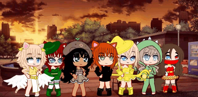 a group of anime characters standing next to each other with a vending machine in the background