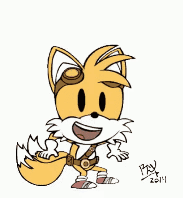 a cartoon drawing of tails from sonic the hedgehog wearing a goggles and a belt .