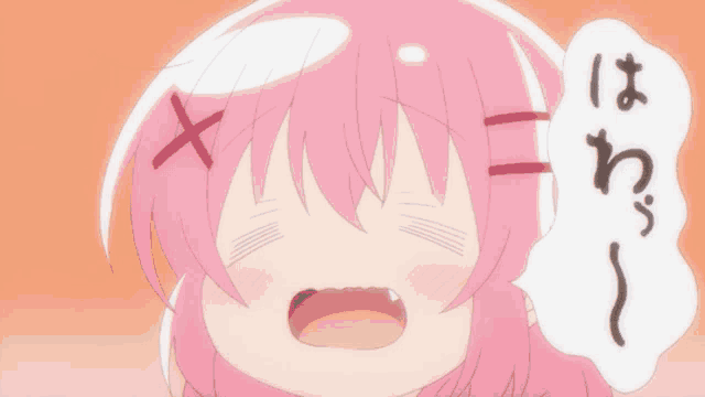 a pink anime character with a cross on her head