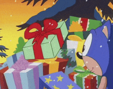 sonic the hedgehog is standing in front of a pile of gifts .