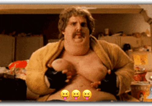 a fat man with a mustache is holding his breasts with smiley faces on his chest