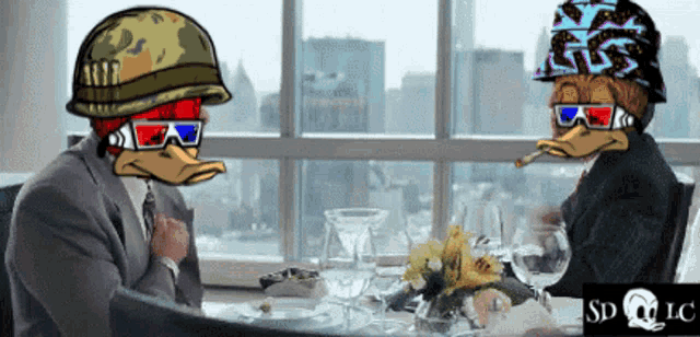 two cartoon characters are sitting at a table with sd llc on the bottom