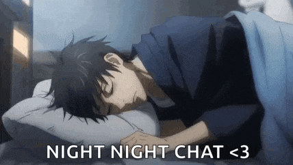 a man is sleeping in a bed with the words `` night night chat < 3 '' written on the bottom .