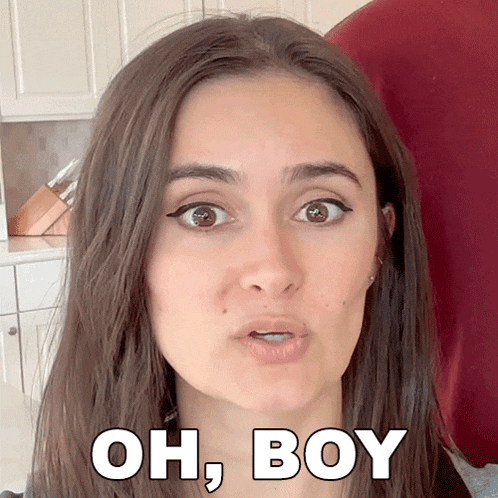 a woman is making a funny face with the words oh boy behind her