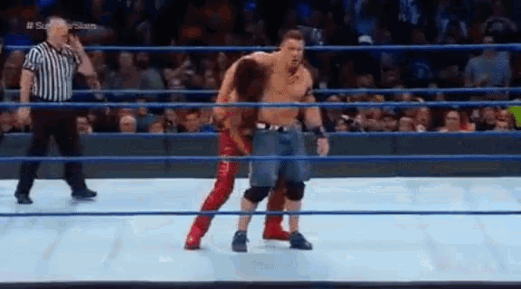 two men are wrestling in a wrestling ring with a referee standing behind them .