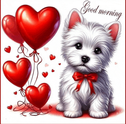 a small white dog with a red bow is surrounded by red hearts and balloons and says good morning