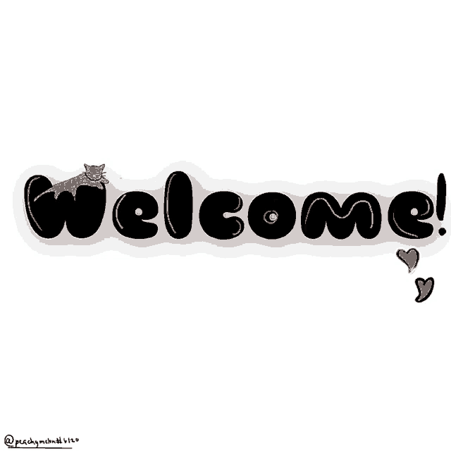 a welcome sign with a cat and hearts
