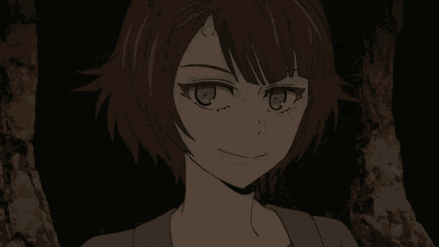 a girl with short brown hair is making a face