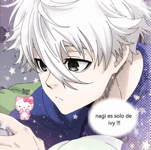 a drawing of a boy with white hair and the words nagi es solo de ivy in the corner