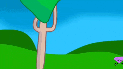 a cartoon drawing of a fork holding a green leaf and a diamond in a field .