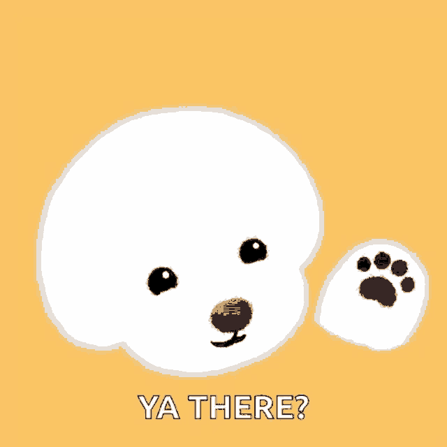 a small white dog with a paw print and the words ya there