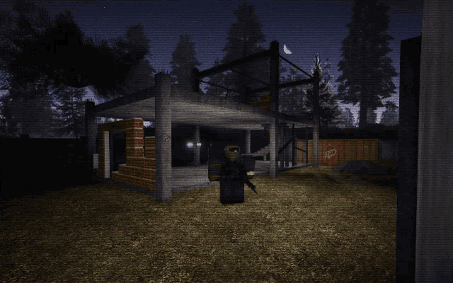 a person in a video game is standing in front of a building that has the letter p on it