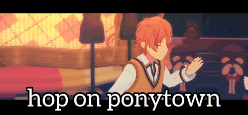 a boy with orange hair is dancing in a room with the words hop on ponytown below him