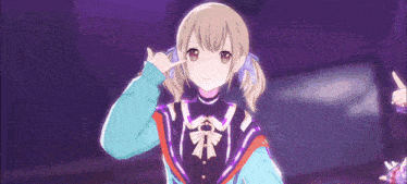 a girl with pigtails is making a peace sign with her fingers .