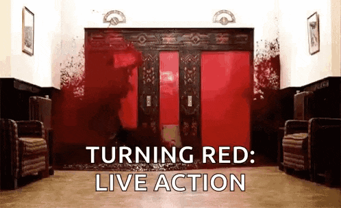 a red door with blood coming out of it and the words `` turning red : live action '' .