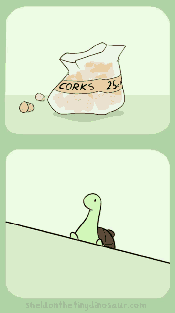 a cartoon drawing of a bag of corks and a dinosaur