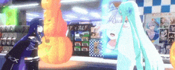 two anime girls are standing next to each other in a store .