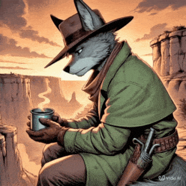 a cartoon drawing of a wolf wearing a hat and coat holding a cup of coffee