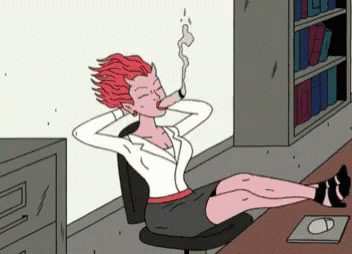 a cartoon of a woman smoking a pipe with a cd on the floor