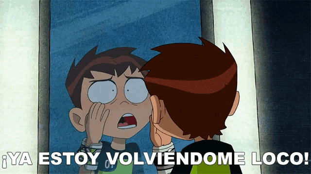 a cartoon of ben tennyson looking at himself in a mirror with the caption " ya estoy volviendome loco "