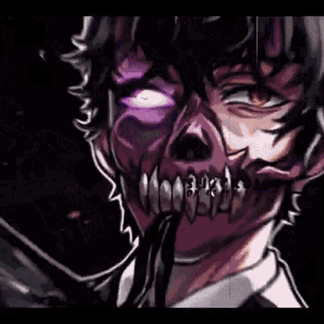 a close up of a person 's face with a skull in it 's mouth .