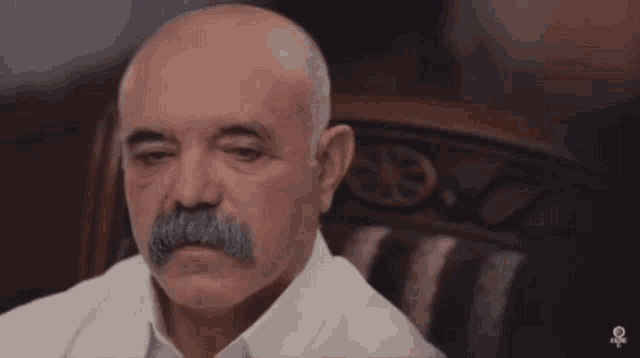 a bald man with a mustache is wearing a white shirt and tie