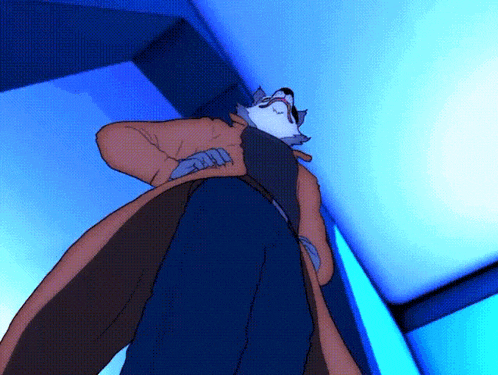 a cartoon character is standing in a room with blue lights