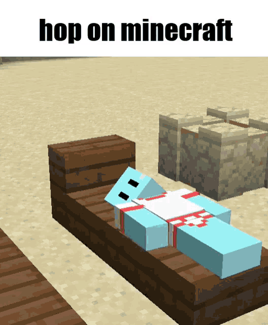 a minecraft character is laying on a wooden bed with the caption hop on minecraft